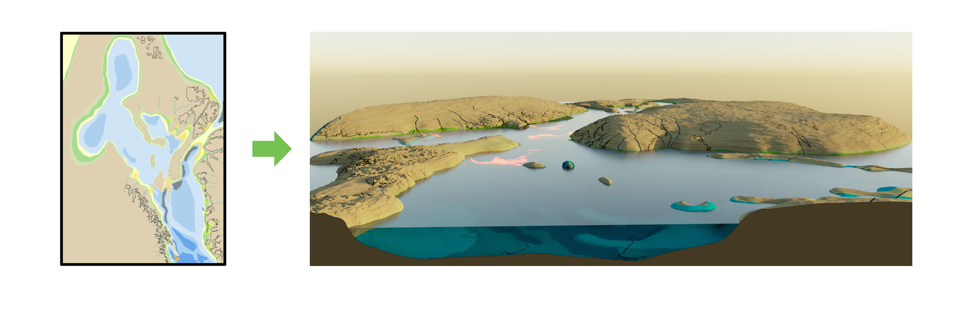 A 2D GIS map transformed into a photorealistic 3D rendering